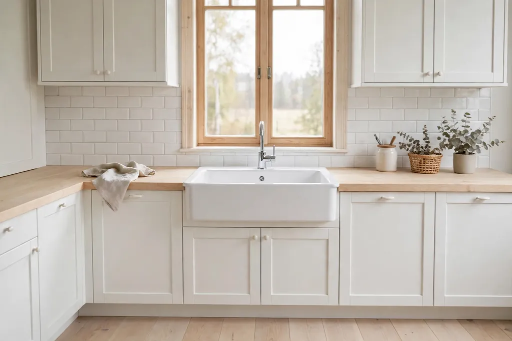 Swedish kitchen with a white ceramic farmhouse sink