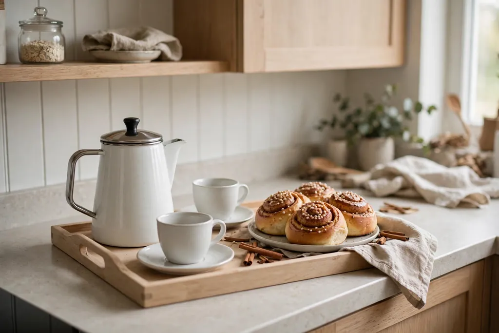 Swedish kitchen coffee corner with a white pot