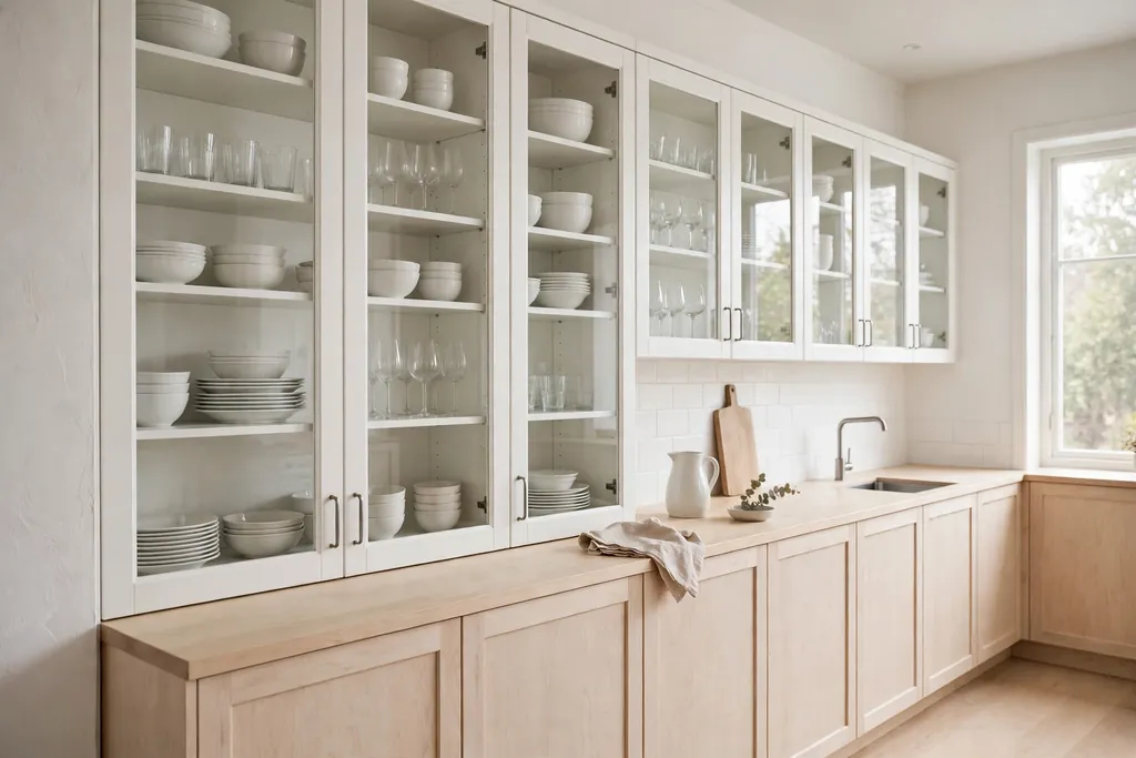 Swedish kitchen with white glass front cabinets displaying white dishes and clear glasses.
