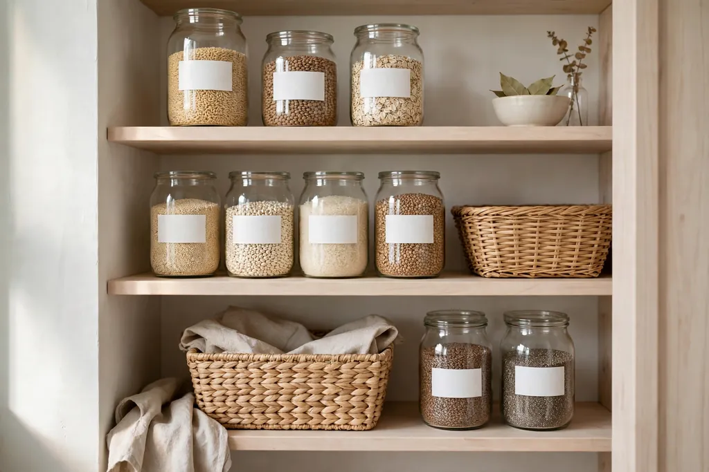 Swedish kitchen pantry shelf with clear glass jars of grains and a woven basket.
