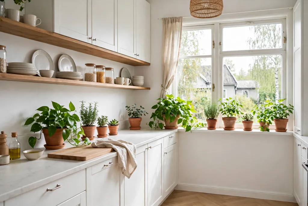 Bright Swedish kitchen with potted green plants on a windowsill and shelves.