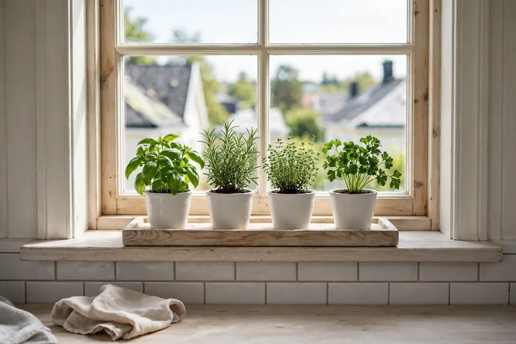Swedish kitchen windowsill with small herb pots in white ceramic pots.