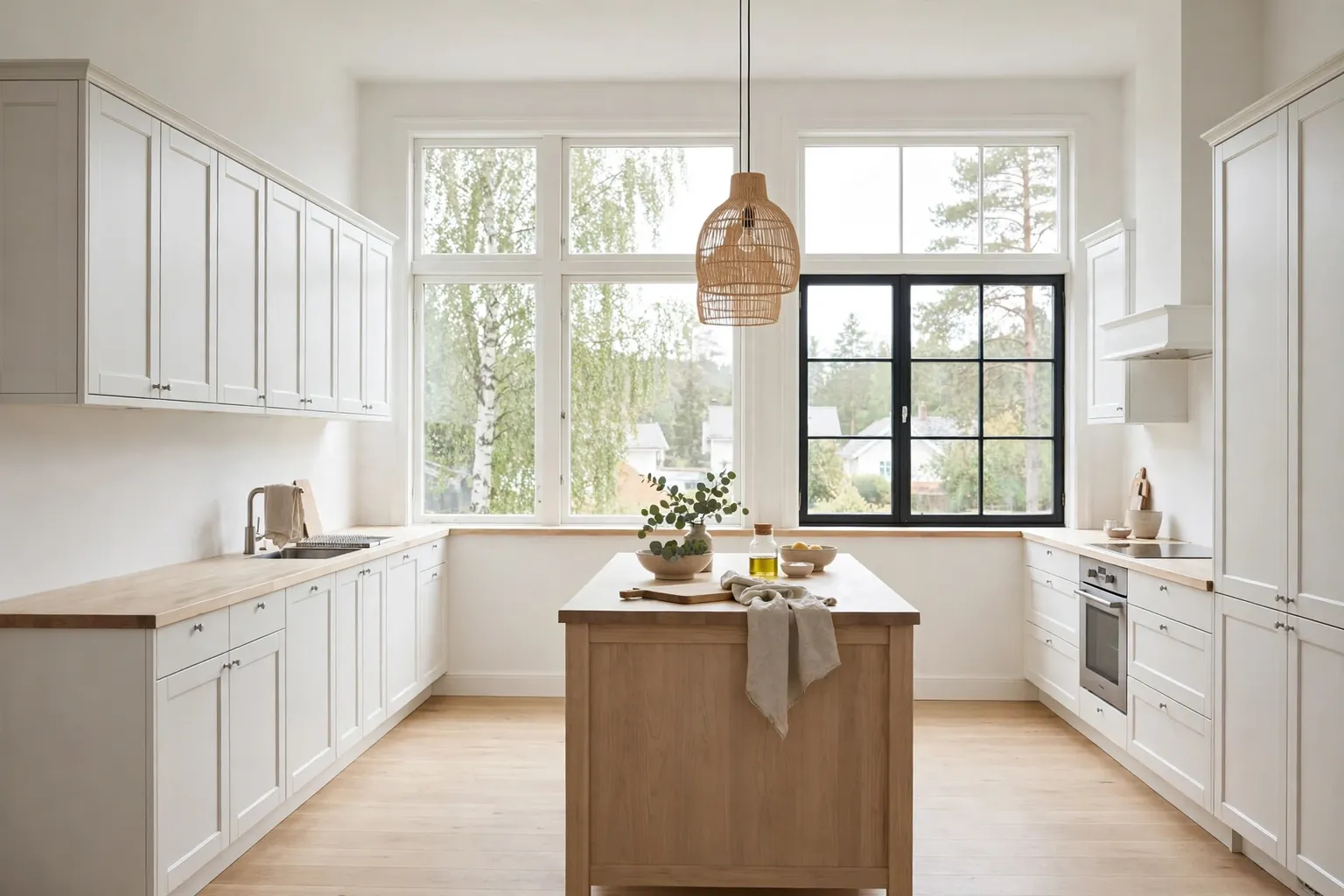 Wide bright Swedish kitchen with white shaker cabinets, pale wood counters, and a light wood island.