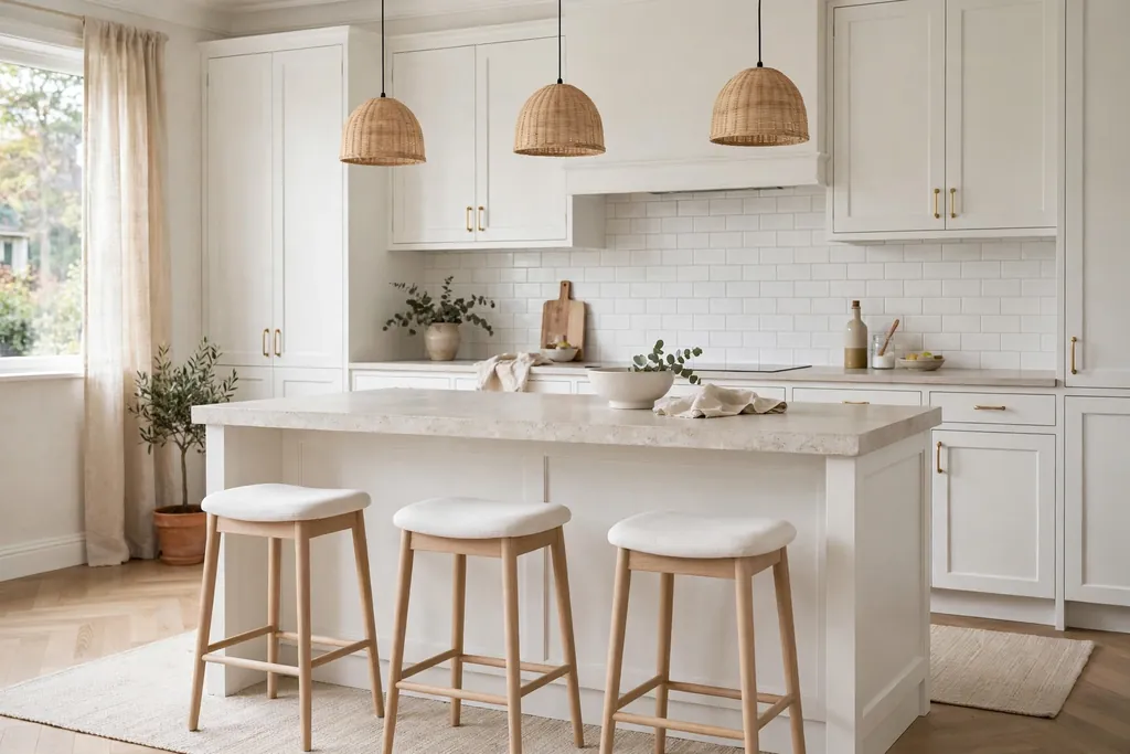 Swedish kitchen island with a pale stone top and light wood stools.
