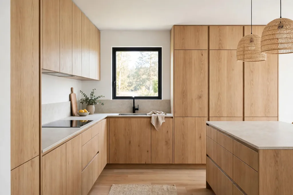 Swedish kitchen with light oak flat front cabinets and a pale stone counter.