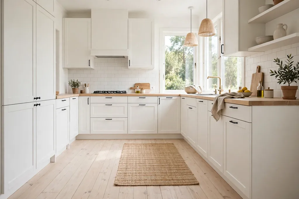 Bright Swedish kitchen with pale wood plank flooring and white cabinets.