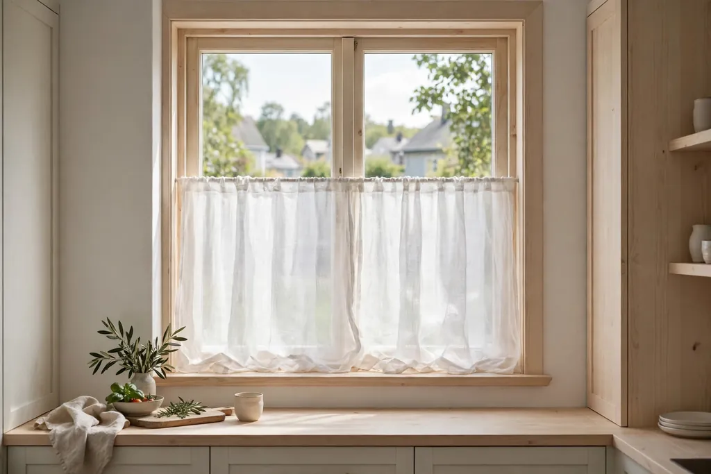 Swedish kitchen window with sheer white linen cafe curtains on the lower half.