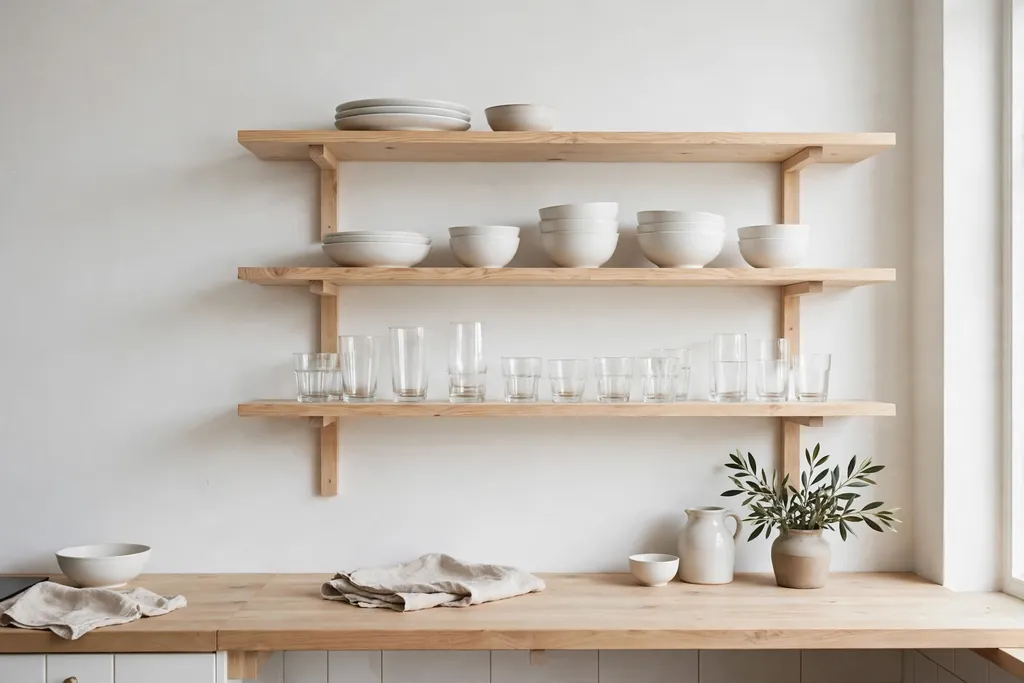 Swedish kitchen with open light wood shelves holding white plates and clear glasses.