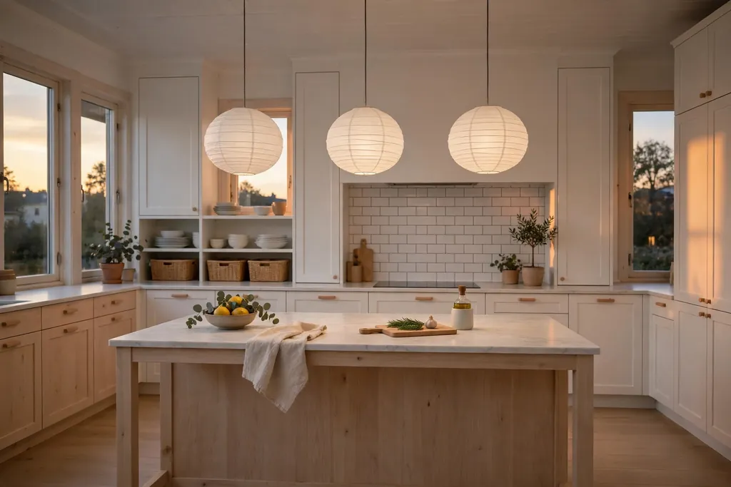 Swedish kitchen island with white paper pendant lights above it.