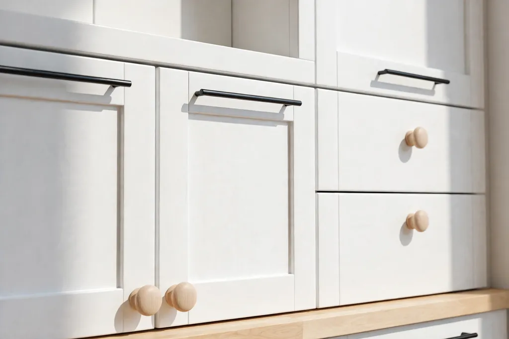 White Swedish kitchen cabinets with slim black bar handles and pale wood knobs.
