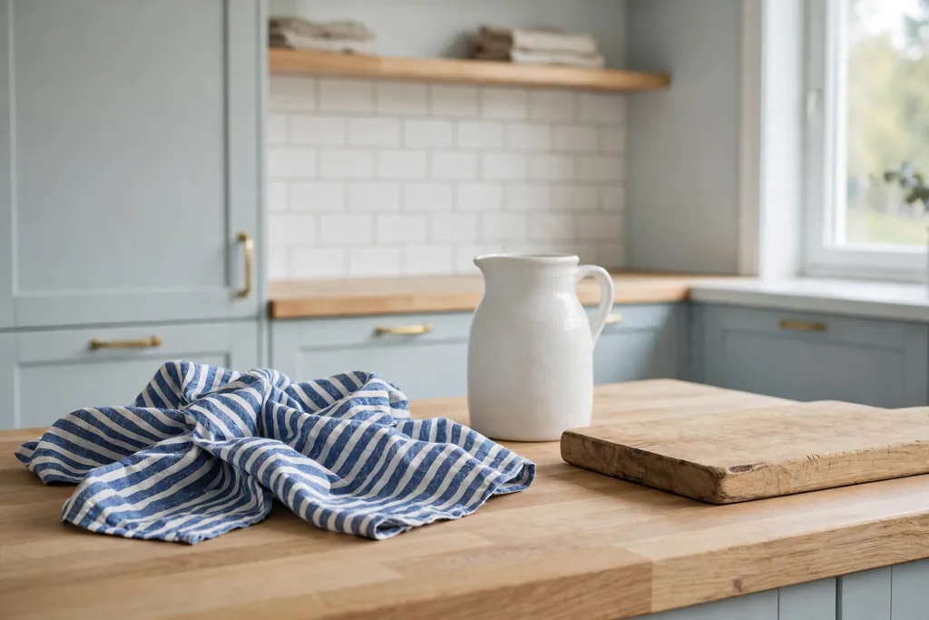 Swedish kitchen counter with blue and white striped linen tea towels and a white jug.