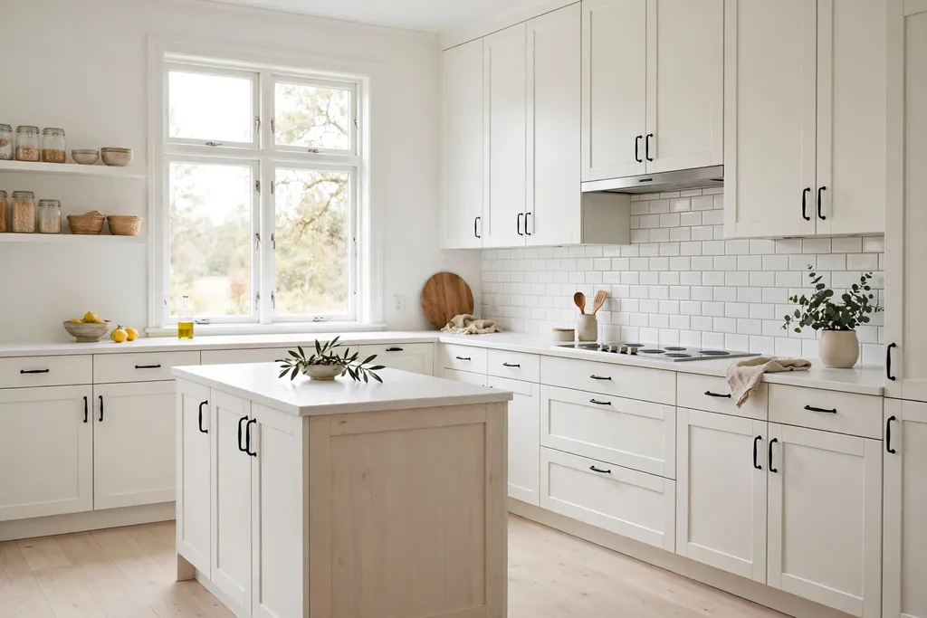 Swedish kitchen with white shaker cabinets