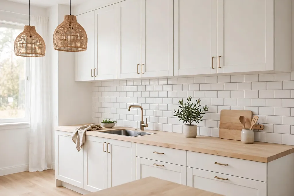 Swedish kitchen with a white subway tile backsplash