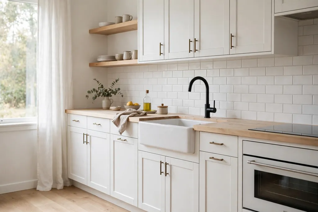 Swedish kitchen with a pale butcher block wood counter
