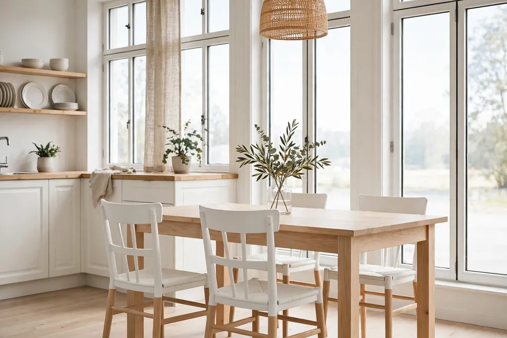 Swedish kitchen dining area with a light wood table and white chairs.