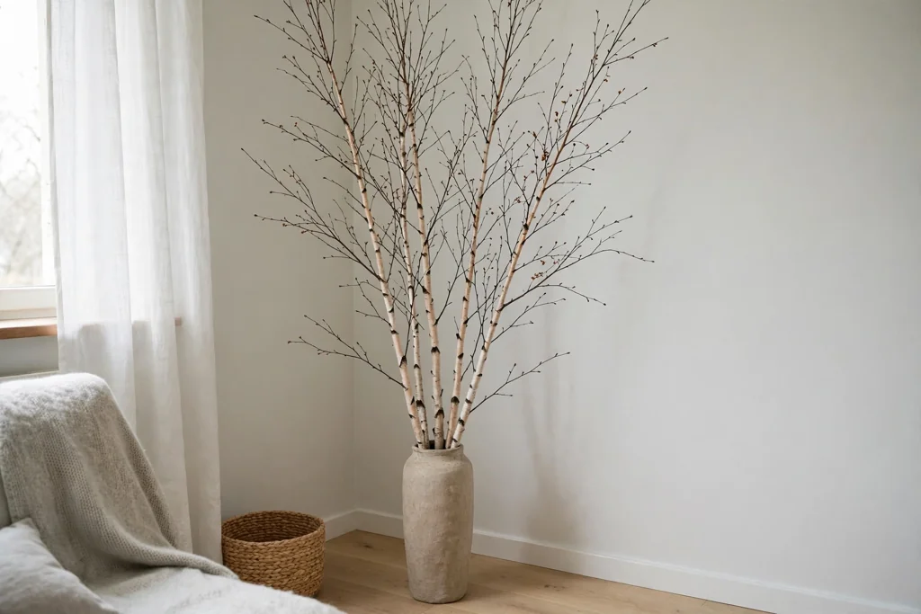 Tall vase of birch branches in a corner of a Swedish living room.