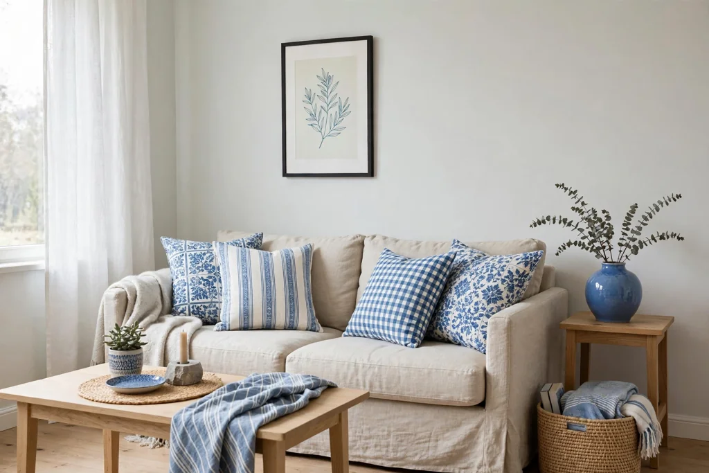 Swedish living room with blue and white cushions, a vase, and a print.