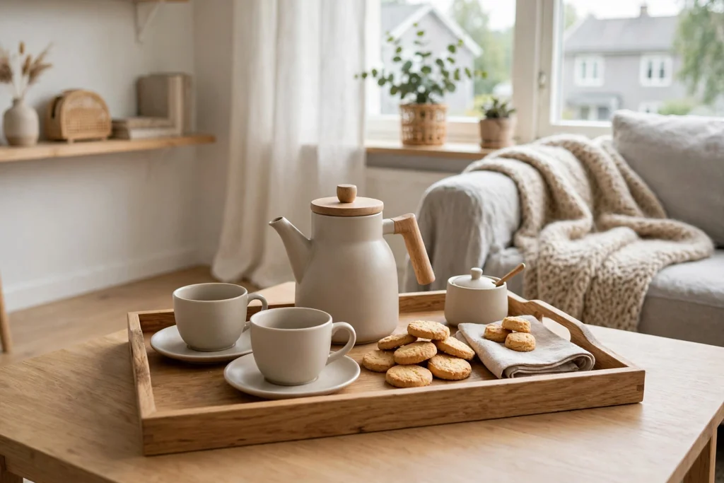 Coffee tray with a pot, cups, and biscuits on a coffee table.