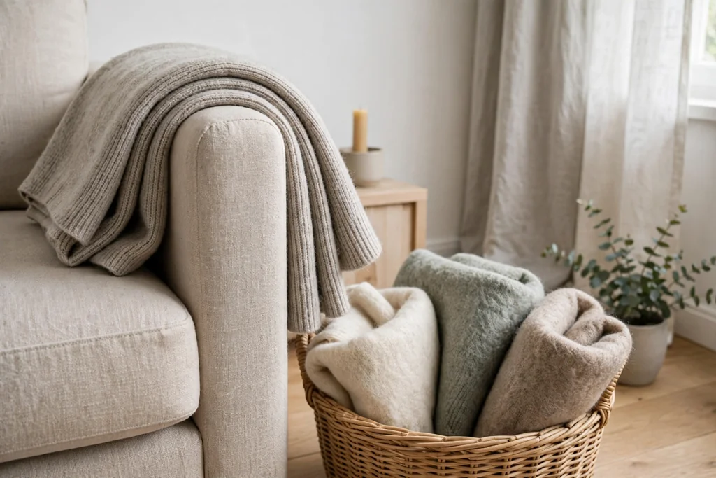Flatweave wool rug under a sofa and chairs in a Swedish living room.