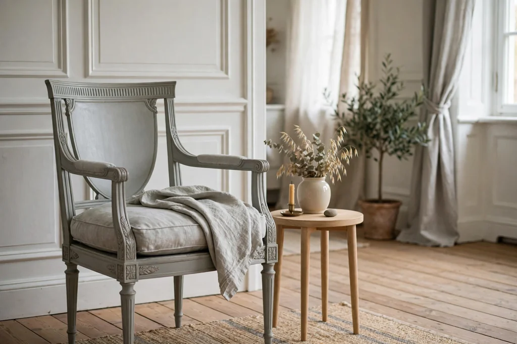 Painted Gustavian armchair in soft grey beside a small side table.