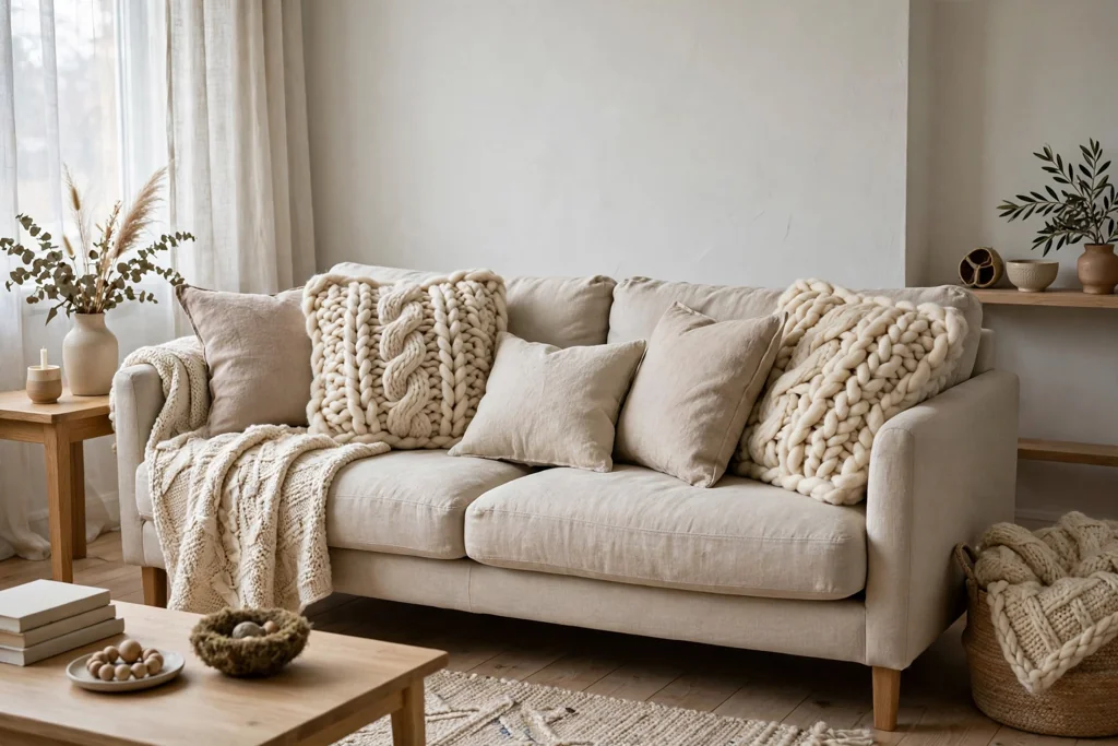 Sofa with chunky knit cushions mixed with plain linen cushions.
