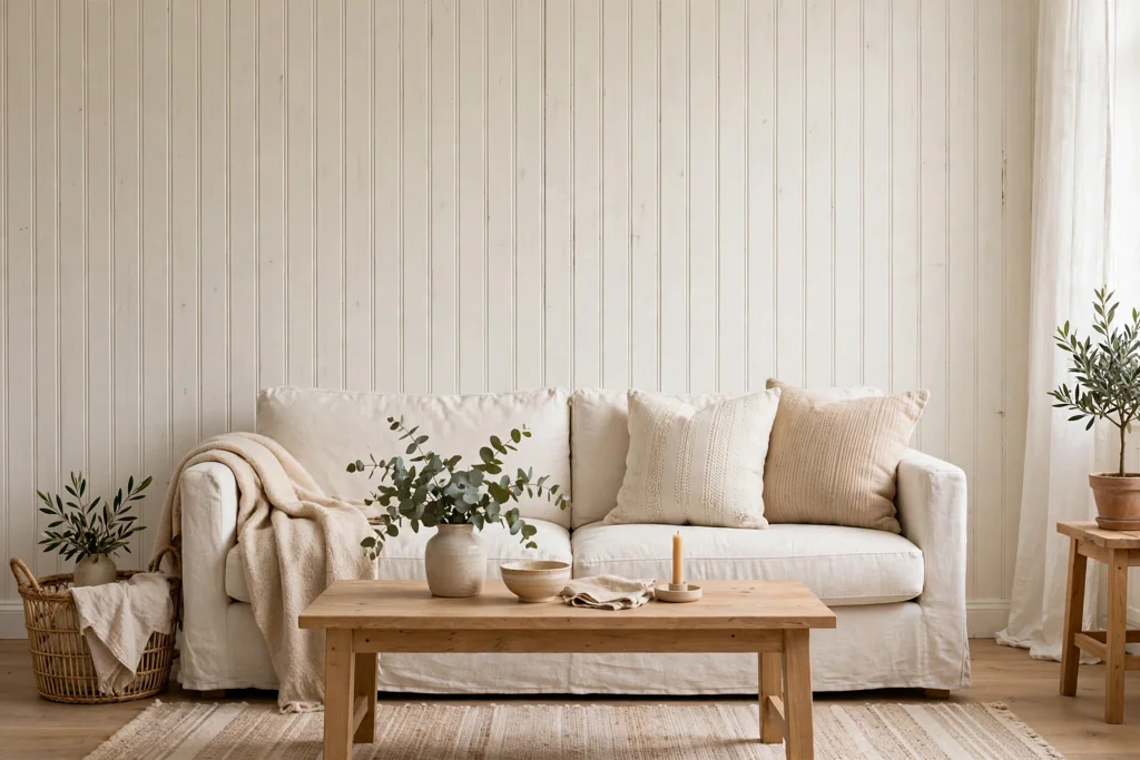 Swedish living room in the evening lit by a floor lamp, table lamp, and candles.
