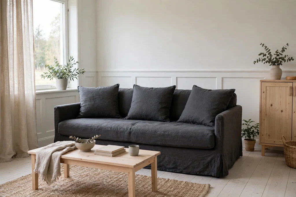 Low light linen sofa with plain cushions in a Swedish living room.