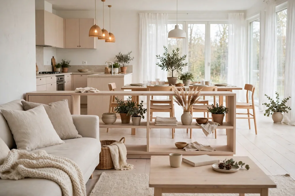 Low bookcase dividing a living zone in an open plan Swedish room.