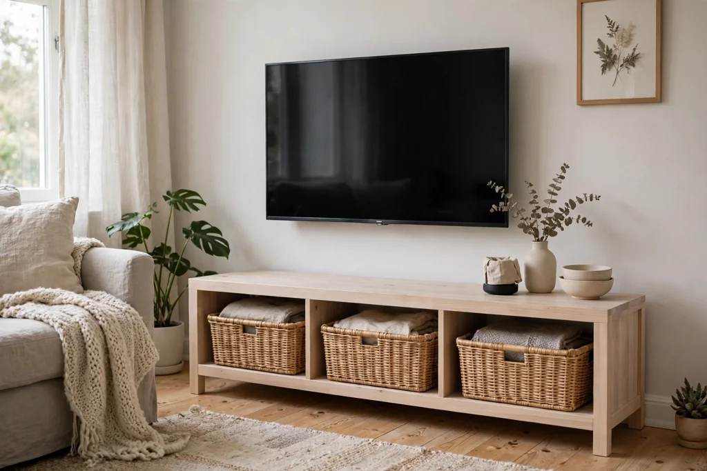 Low pale wood media bench under a television in a Swedish living room.