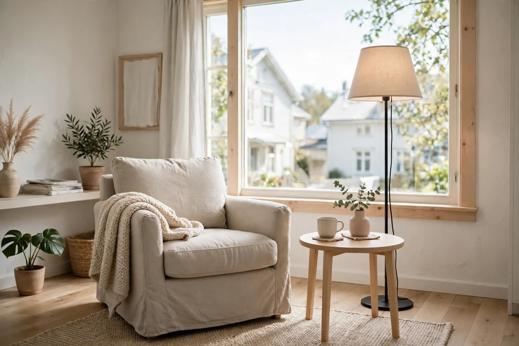 Open wall shelves with books and plain ceramics in a Swedish living room.