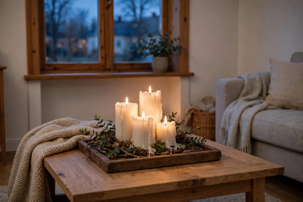 Pale wood coffee table with a tray and a book in a Swedish living room.
