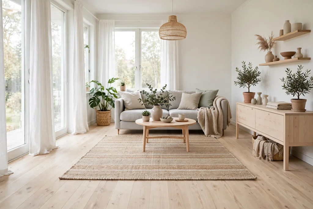 Pale wood floor visible around a rug in a bright Swedish living room.
