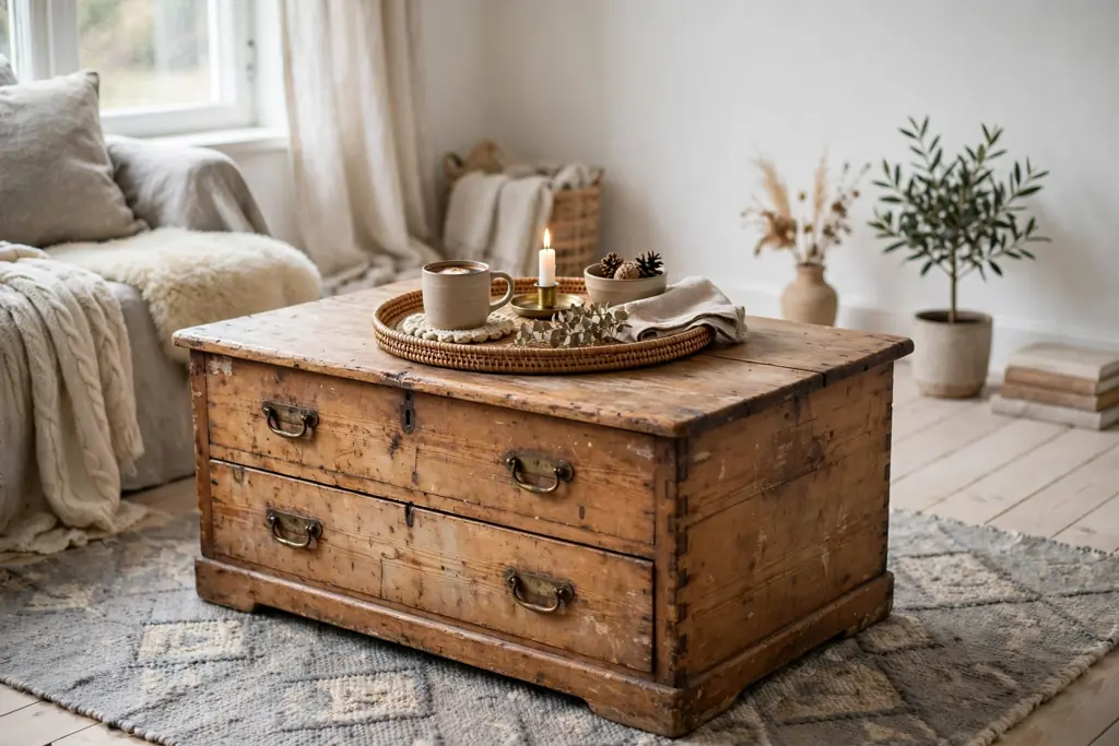Secondhand pine chest used as a coffee table with a tray on top.