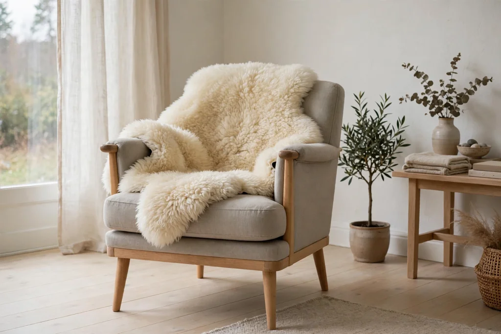 Armchair with a cream sheepskin draped over it in a Swedish living room.