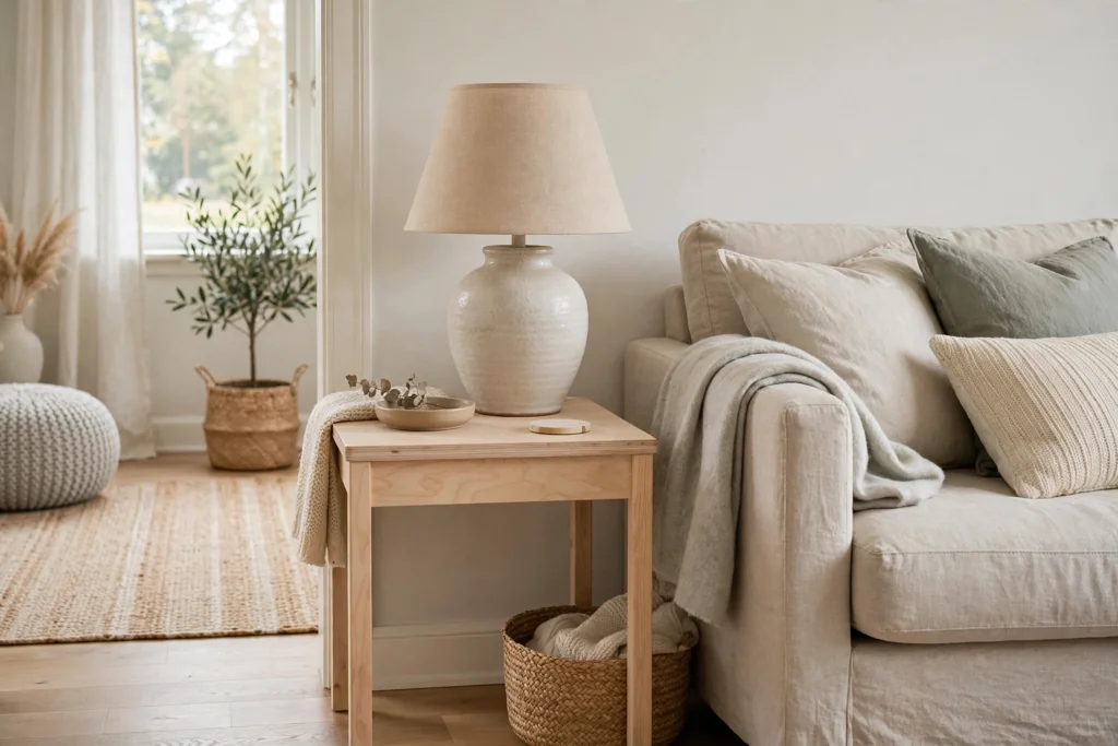 Pale Swedish living room with a small red folk horse and red candle on a table.