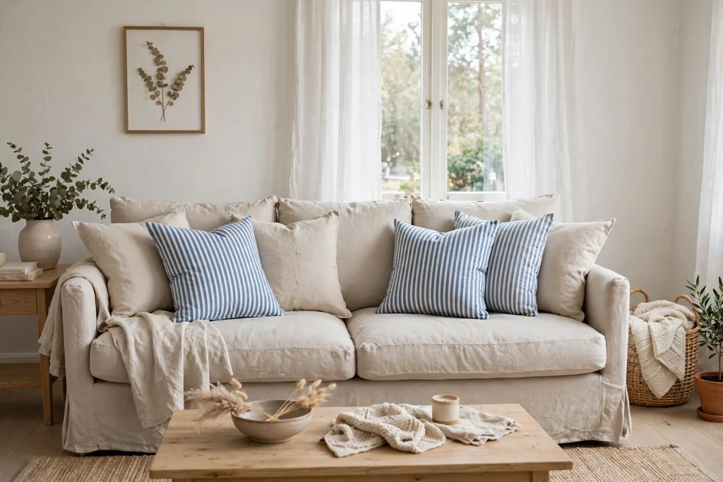 Sofa with blue and white ticking stripe cushions among plain linen cushions.