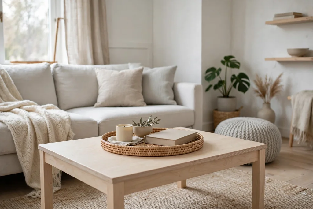 Tiled stove corner with seating turned toward it in a Swedish living room.