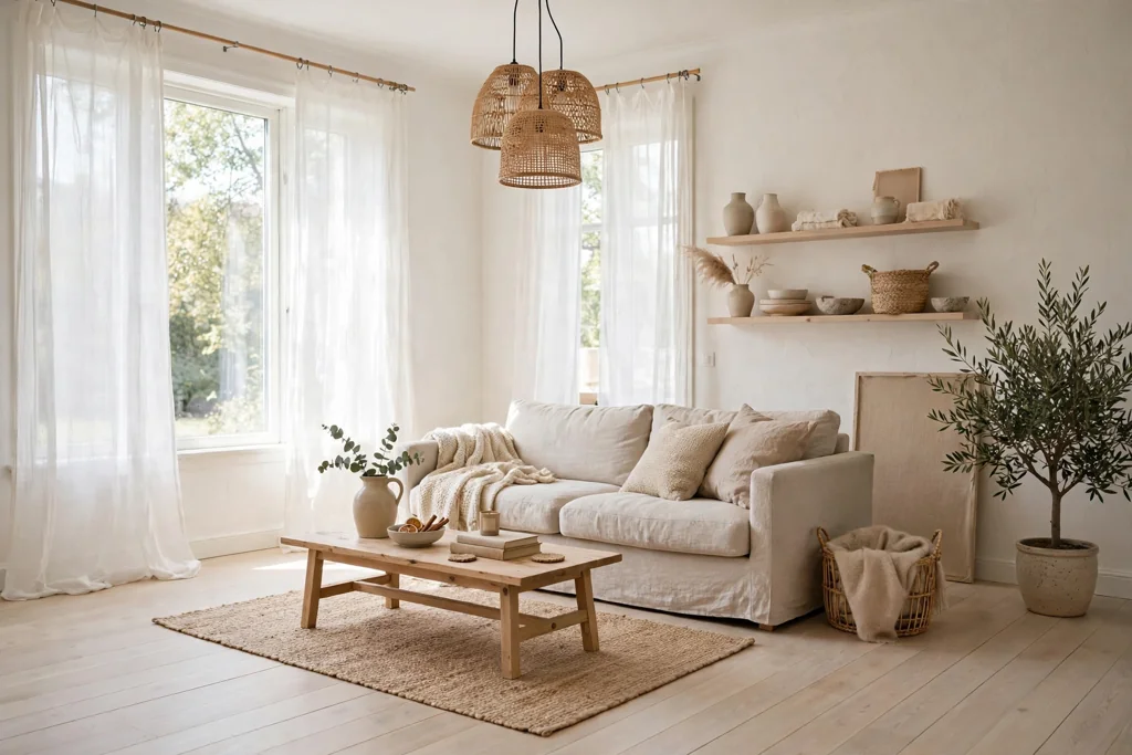 Swedish living room with warm white walls, a pale wood floor, and a light linen sofa.