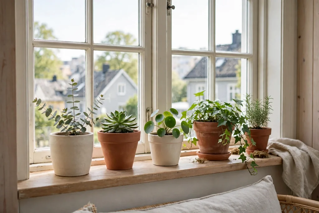 Windowsill with potted plants in cream and terracotta pots.