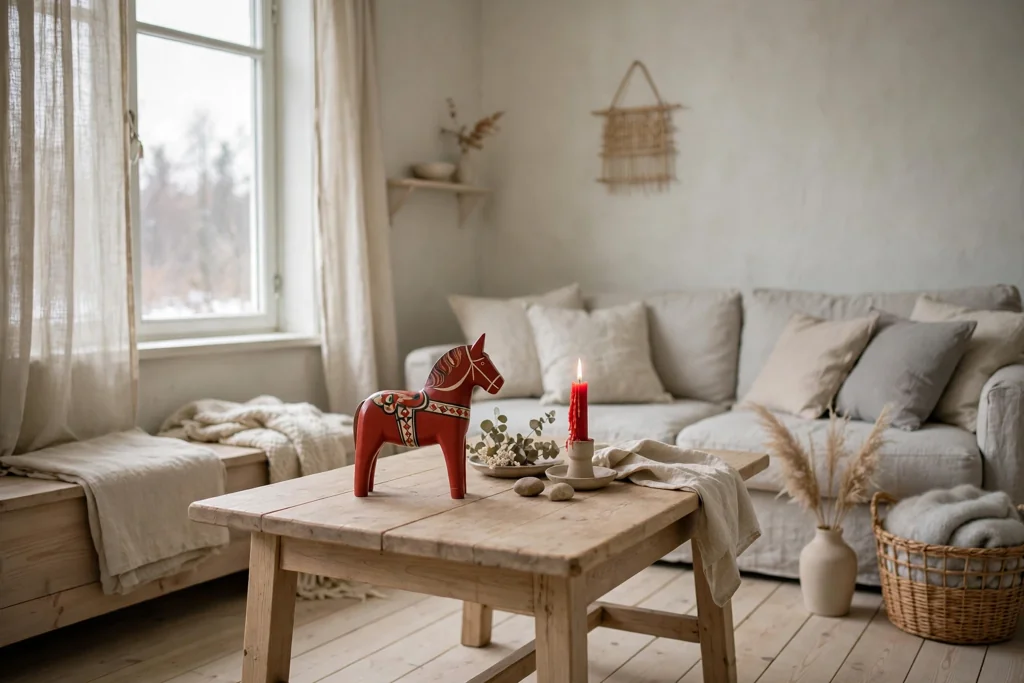 Light wood side table with a ceramic lamp beside a sofa.