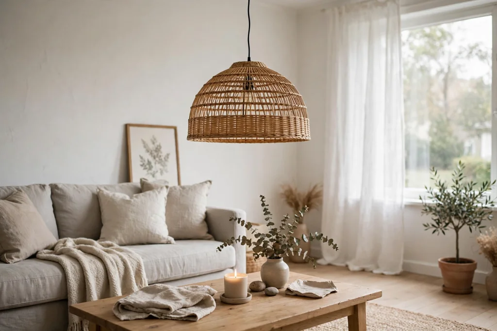 Woven rattan pendant light hanging over a coffee table in a Swedish living room.