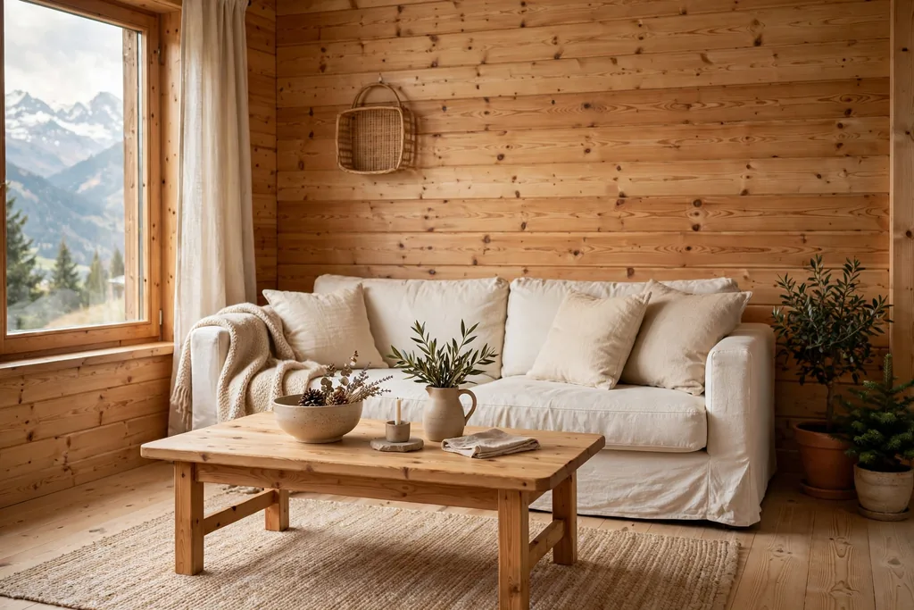 Swiss living room with a warm pine panelled wall behind a linen sofa.