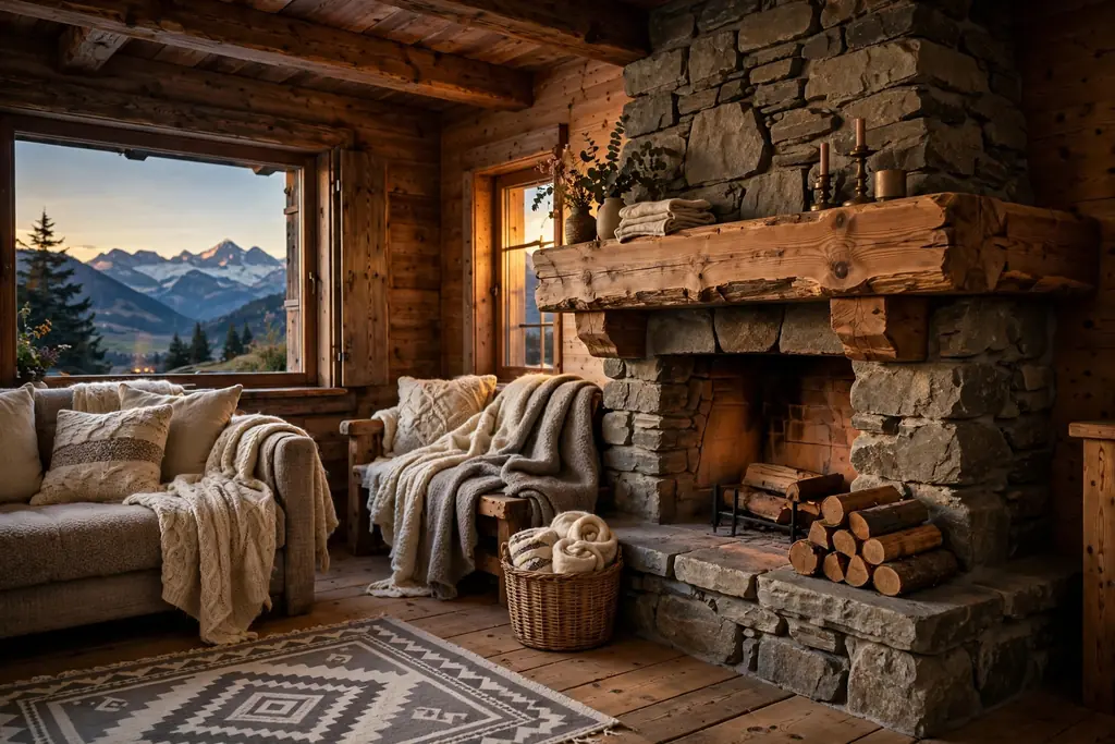Swiss living room with a stone fireplace and a chunky wood mantel.