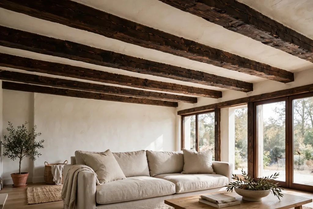 Living room ceiling with exposed wood beams and warm white plaster.