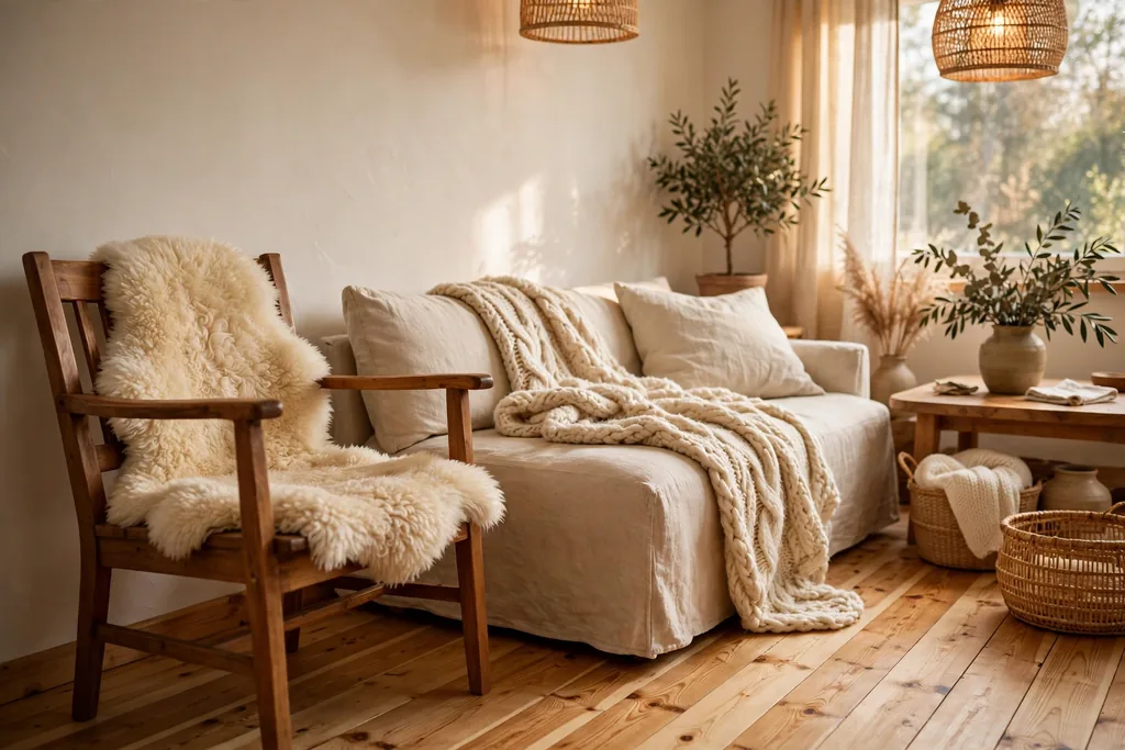 Armchair with a sheepskin drape and a sofa with a chunky wool throw.