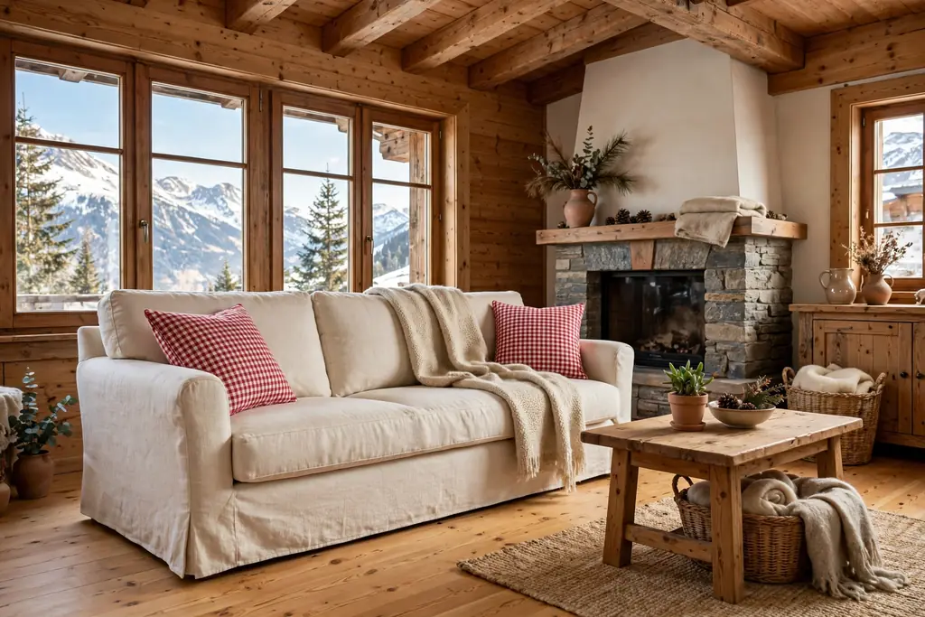 Linen sofa with red and white checked cushions in a Swiss living room.