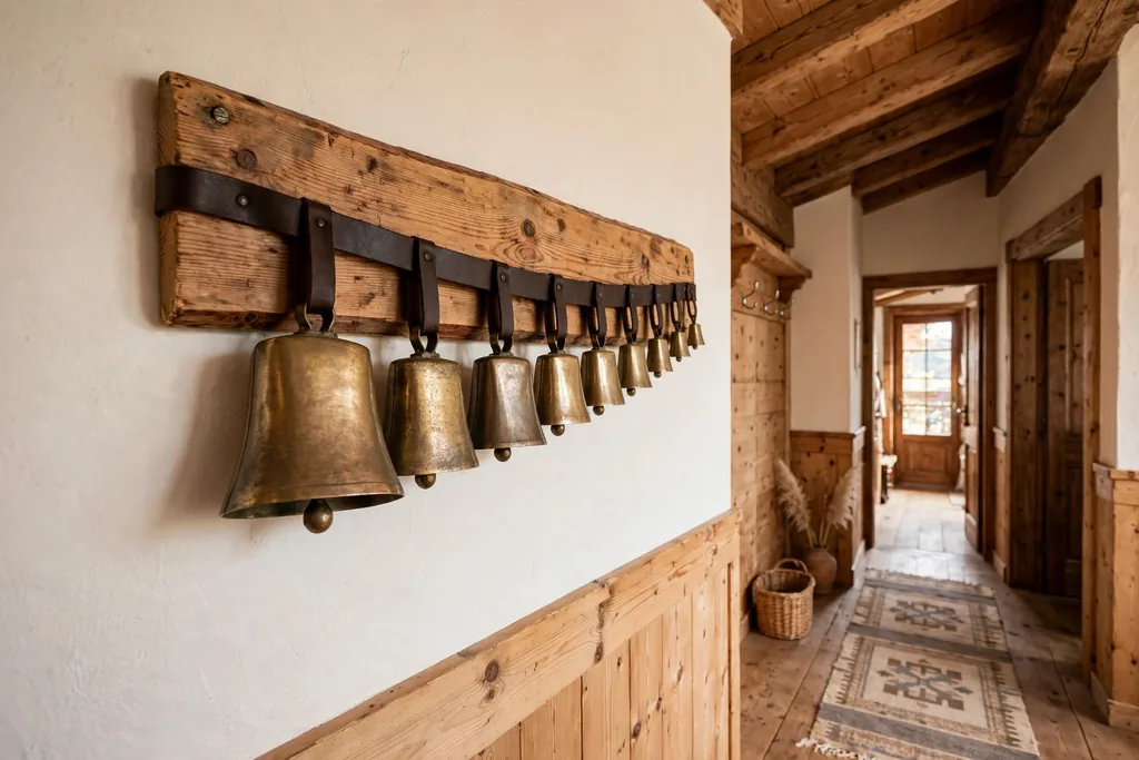 Wall display of cowbells in different sizes on a leather strap and pine board.