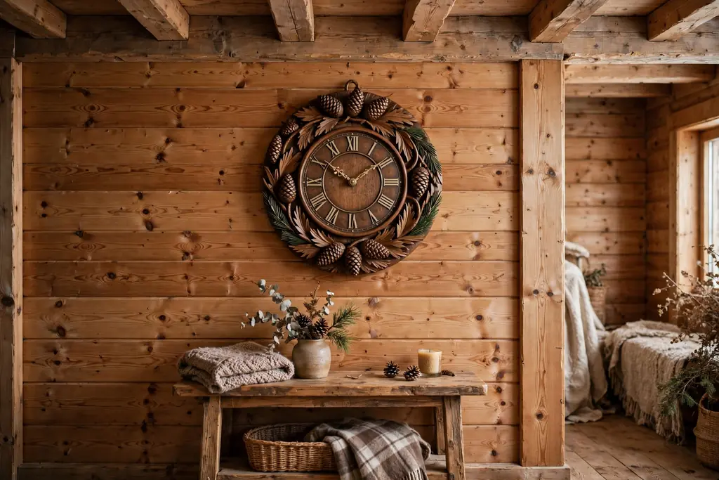 Carved wood clock with pinecone carving on a Swiss living room wall.