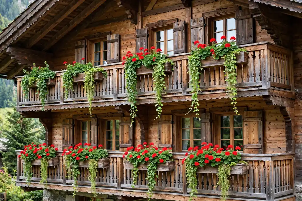 Window boxes with red geraniums on a Swiss chalet style house.