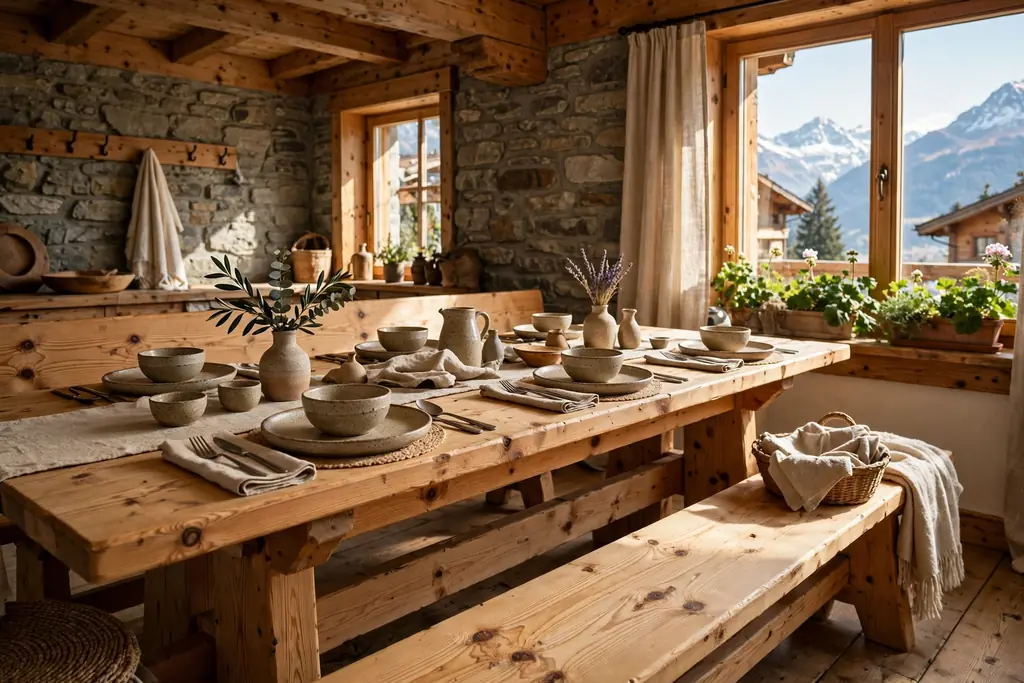 Swiss dining room with a pine table and a long pine bench.
